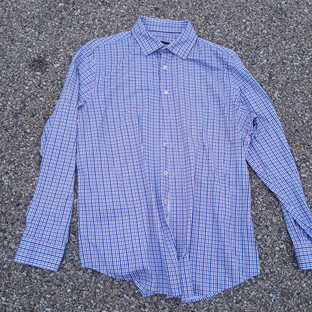Bugatchi Shirt Mens XL Blue Check Long Sleeve Button Dress Shirt Tech Stretch